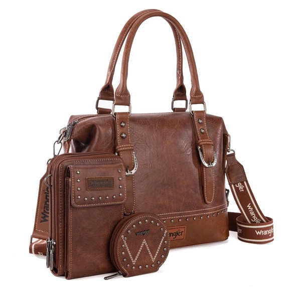 Wrangler 3Pcs Set Buckle Classic Barrel Satchel W/ Phone Wallet Crossbody -Brown - Picture 2 of 4